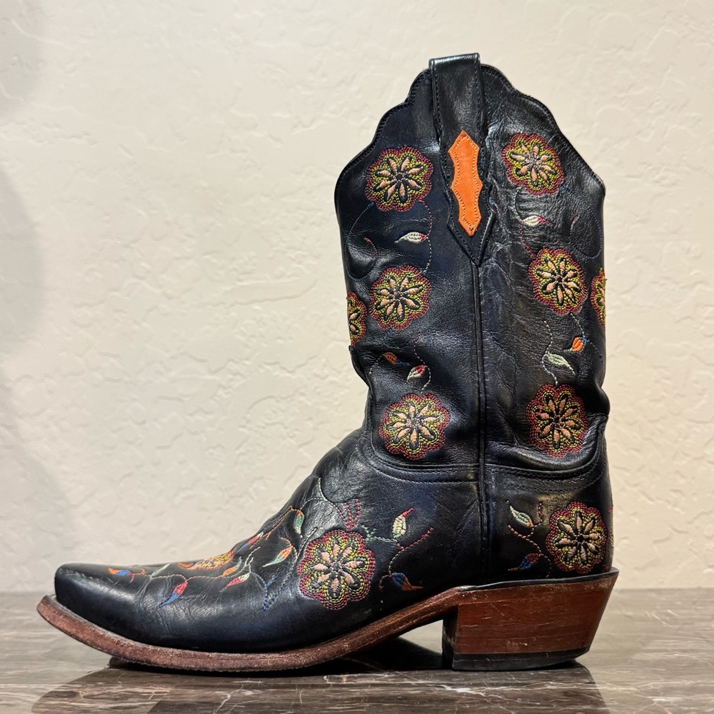 Lucchese Black Leather Floral Embroidered Cowboy Boots